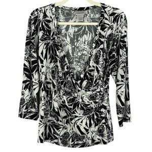 Chico's Chic Casual Black White Floral Tropical Print Faux Wrap Large Blouse